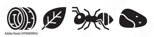 Black silhouette icons of a tire, a leaf, an ant, and a steak in a minimal and modern design style.