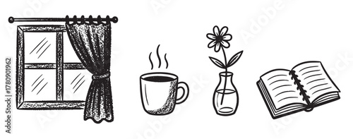 Black outline icons of a window with curtains, a steaming coffee cup, a flower in a vase, and an open book, representing home and comfort.