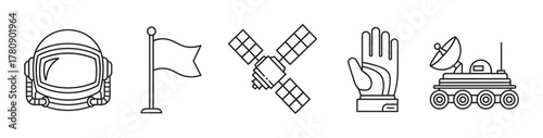 Black outline vector icons depicting an astronaut helmet, a flag, a satellite with handshake, a space glove, and a rover with antenna.