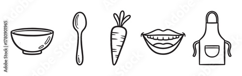 Black outline icons of a bowl, spoon, carrot, smiling lips, and apron, representing kitchen and cooking elements.