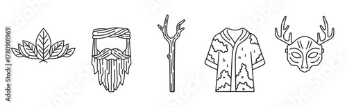 Black outline vector icons of natural elements including leaves, a beard with a turban, a bare tree branch, a patterned robe, and an animal mask with antlers.