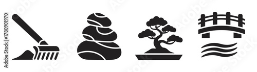 Black silhouette icons of a rake, stacked stones, bonsai tree, and arched bridge, representing elements of a traditional japanese garden.