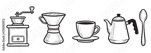 Black and white sketch illustration of a vintage coffee grinder, dripper, cup with saucer, kettle, and spoon, evoking a classic coffee preparation scene.