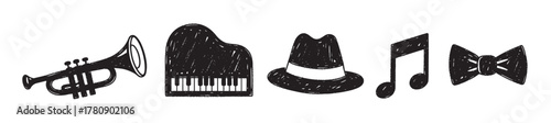 Black outline icons of a trumpet, grand piano, fedora hat, musical note, and bow tie, representing musical and fashion elements.