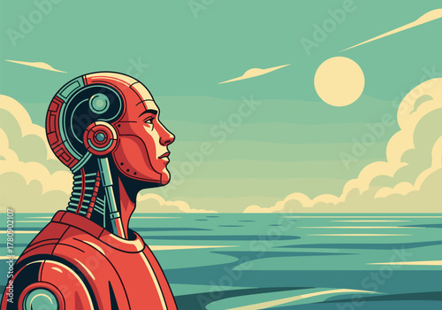Futuristic cyborg facing the ocean at sunset in retro style