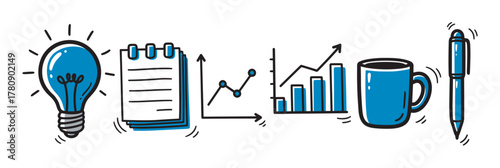 Hand-drawn icons of a light bulb, spiral notebook, line chart, bar graph, coffee mug, and pen, representing ideas, productivity, and analysis.