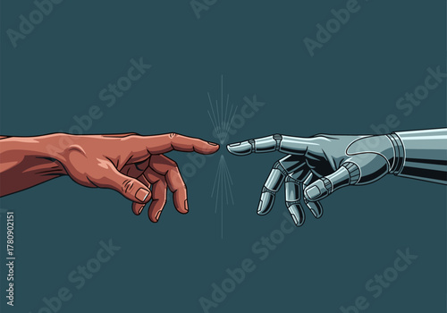 Human and robotic hand connection in a futuristic concept art style