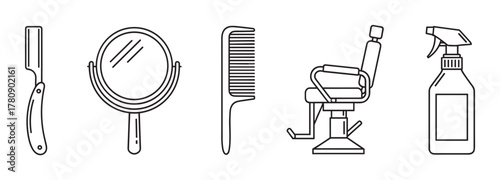 Black outline vector icons of a straight razor, handheld mirror, comb, barber chair, and spray bottle for hairdressing and grooming concepts.