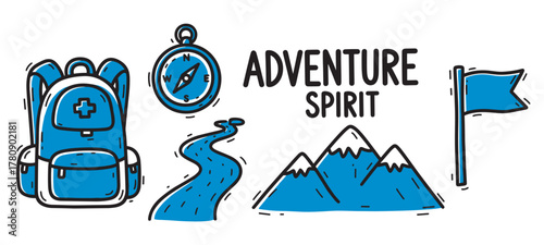 Hand-drawn blue backpack with a medical cross, compass, winding path, mountains, and flag illustrating adventure spirit.