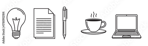 Black outline icons of a light bulb, paper with text, pen, steaming coffee cup, and open laptop arranged in a row.
