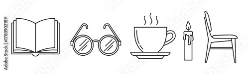 Black outline vector icons of an open book, round eyeglasses, steaming cup, lit candle, and a simple chair in a minimal linear style.