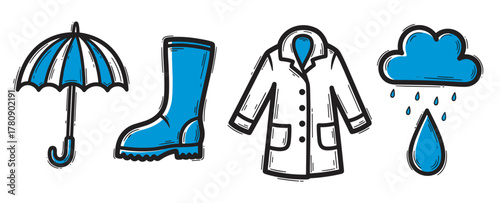 Hand-drawn icons of a striped umbrella, rubber boot, raincoat, and a rain cloud with a droplet in blue and black outlines.
