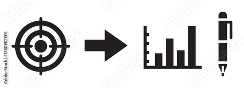Black icons of a target, arrow pointing to a bar chart, and a pen, representing the process from goal setting to analysis and documentation.