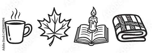 Black outline icons of a steaming coffee mug, a maple leaf, a candle on an open book, and a folded quilt, representing cozy and autumnal themes.