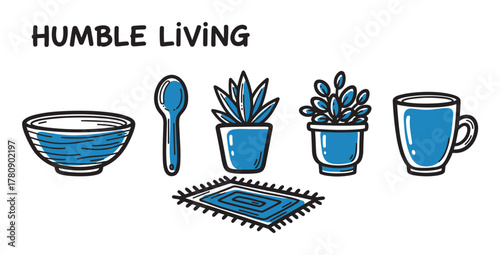 Collection of minimalist blue kitchen items including a bowl, spoon, and mug, alongside potted plants and a simple rug with "humble living" text.