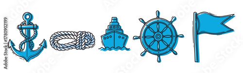 Blue and gray nautical icons depicting an anchor, coiled rope, ship, ship’s wheel, and flag.