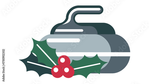 Curling Stone Christmas: A stylized illustration of a curling stone adorned with festive holly and berries, representing the sport during the joyous holiday season.