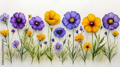 Vibrant Purple and Yellow Cosmos Flower Painting