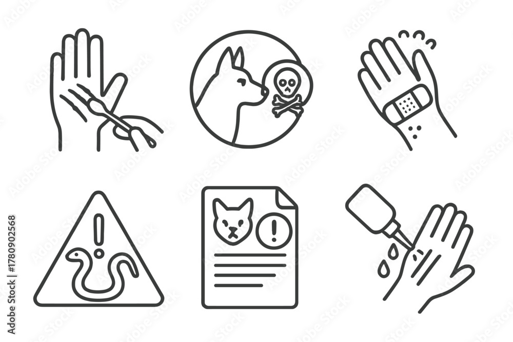 Fototapeta premium Animal Injury Icons. Line style icons of animal encounter injury care: claw wound cleaning, rabies concern icon, bite puncture