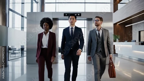 Businessman exiting modern stainless steel elevator in corporate lobby