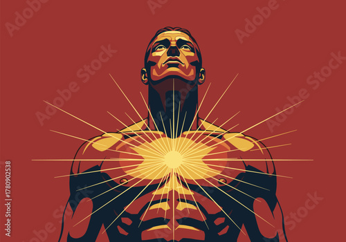 Radiant heroic figure with sunburst on red background