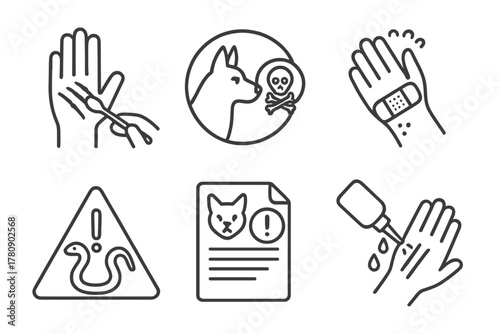 Animal Injury Icons. Line style icons of animal encounter injury care: claw wound cleaning, rabies concern icon, bite puncture