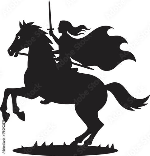 Black silhouette of a woman warrior on horseback with sword and cape