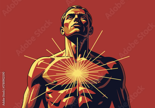 Heroic figure with radiating energy in retro pop art style
