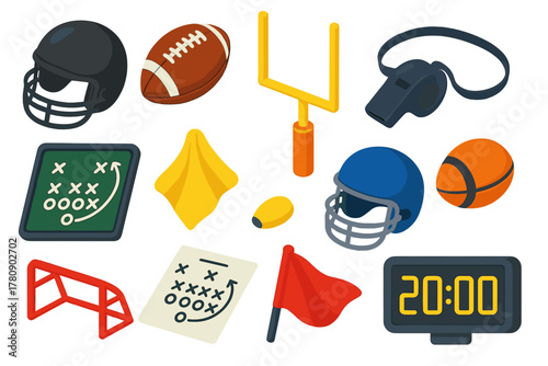 American Football Essentials. Isometric vector illustration set American football: matte black helmet, modern synthetic football,