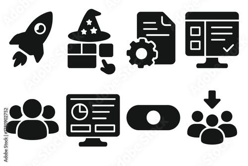 DAO Creation Icons. Solid style icons of DAO creation platforms: launch DAO rocket, modular setup wizard, deploy contract icon.