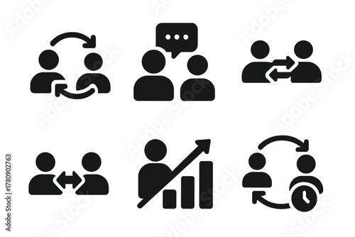 Mentorship Icon Set. Solid style icons of mentorship platforms: dual profile icon, reverse connection ring, mentoring app glyph.