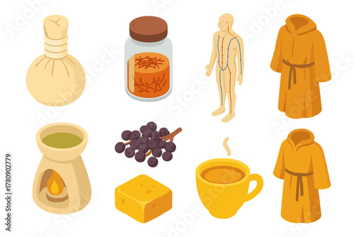 Traditional Medicine Elements. Isometric vector illustration set of Traditional medicine: herbal poultice wrap, saffron threads