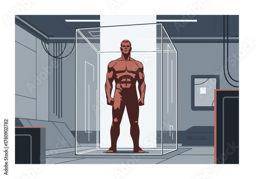 Futuristic superhuman in containment chamber with geometric design