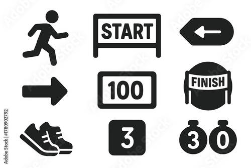 Reverse Marathon Icons. Solid style icons of reverse marathon running: backward runner pose, reverse start line icon, finish line