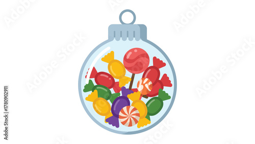 Festive Bauble of Sweet Delights: A clear glass bauble is filled with assortment of colorful candies and a lollipop, capturing the holiday spirit with cheerful sweetness and festive joy.