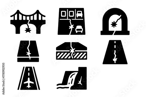 Self-Healing Concrete Applications. Solid style icons of applications of self-healing concrete: bridge structure, parking lot slab