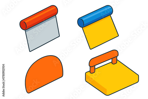 Colorful Baking Tools. Isometric vector illustration set Baking tools – bench scraper, metal bench scraper, plastic dough scraper;