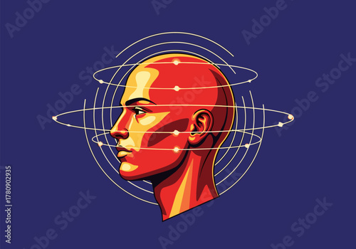 Futuristic abstract male portrait with orbiting lines on blue background