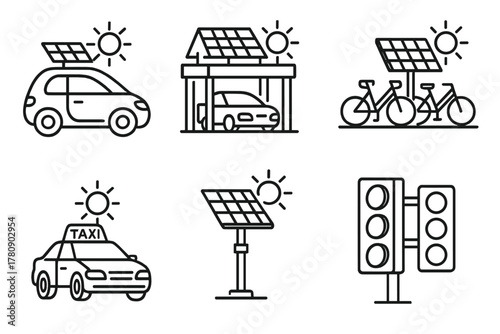 Urban Solar Mobility Icons. Line style icons of urban solar mobility: compact solar commuter, rooftop panel parking garage, public