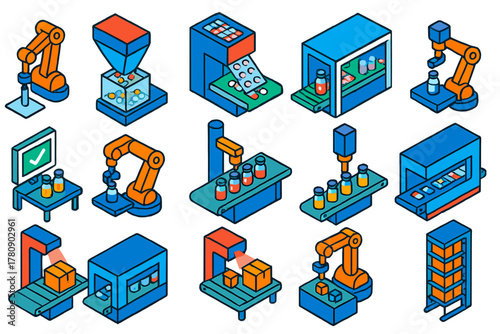 Pharmaceutical Automation Icons. Isometric vector illustration set Pharmaceutical Automation: robotic arm, pill counting machine,
