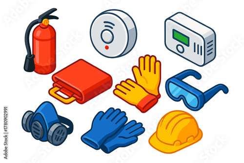 Disaster Preparedness Essentials. Isometric vector illustration set Disaster preparedness – fire extinguisher, smoke detector,