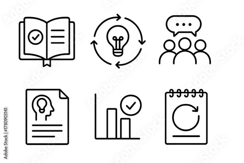 Design Thinking Icons. Line style icons of reflection in design thinking courses: reflection journal icon, learning loop diagram,