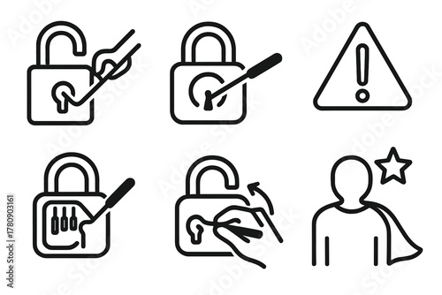 Competitive Lockpicking Icons. Line style icons of Competitive Lockpicking: close pin tension, smooth pick stroke, mistake alert