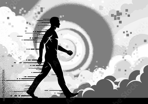 Dynamic silhouette of a man walking through abstract pixelated cloudscape