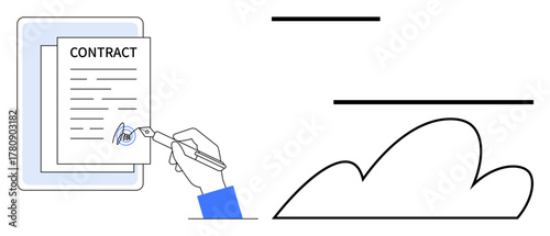 Hand using ink pen to sign contract on document stack with cloud and lines suggesting digital storage. Ideal for business, agreement, document, contract, e-signature, cloud, file management. Clean