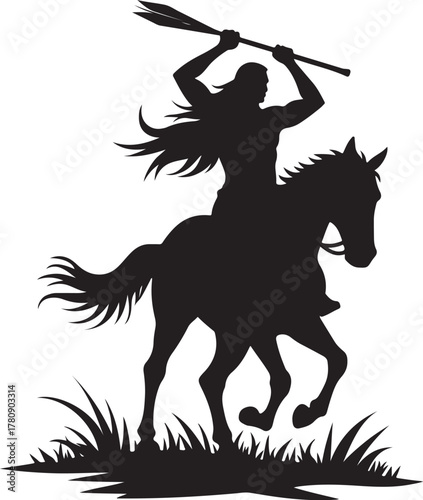 Black silhouette of Native American warrior on horseback holding spear