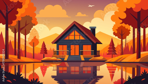 Cartoon vector illustration of an autumn landscape with a cottage house and trees under the sky