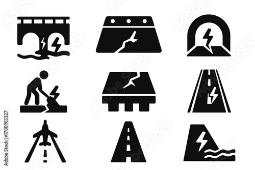 Self-Healing Concrete Applications. Solid style icons of applications of self-healing concrete: bridge structure, parking lot slab