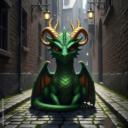 Emerald Dragon Guardian - A Whimsical Protector in a Cobblestone Alley.