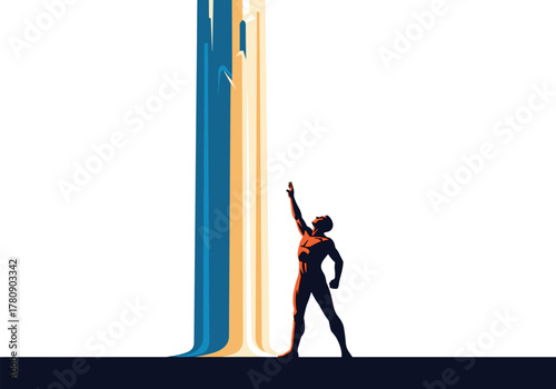 Silhouette of man reaching for success with colorful vertical lines in minimalist art